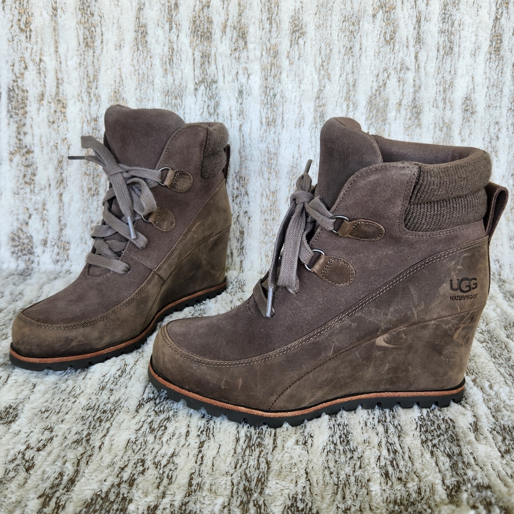 UGG "Kriston" Waterproof Suede Wedge Heeled Boots Taupe Brown | Women's Size 7.5 - Picture 3 of 12